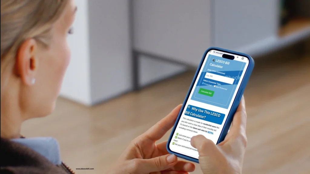 Pakistani lady using mobile to check electricity bill estimate through lesco bill calculator online