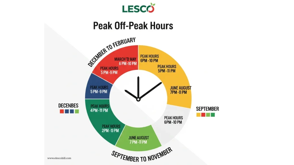 Clock infographic showing LESCO peak and off-peak electricity hours.
