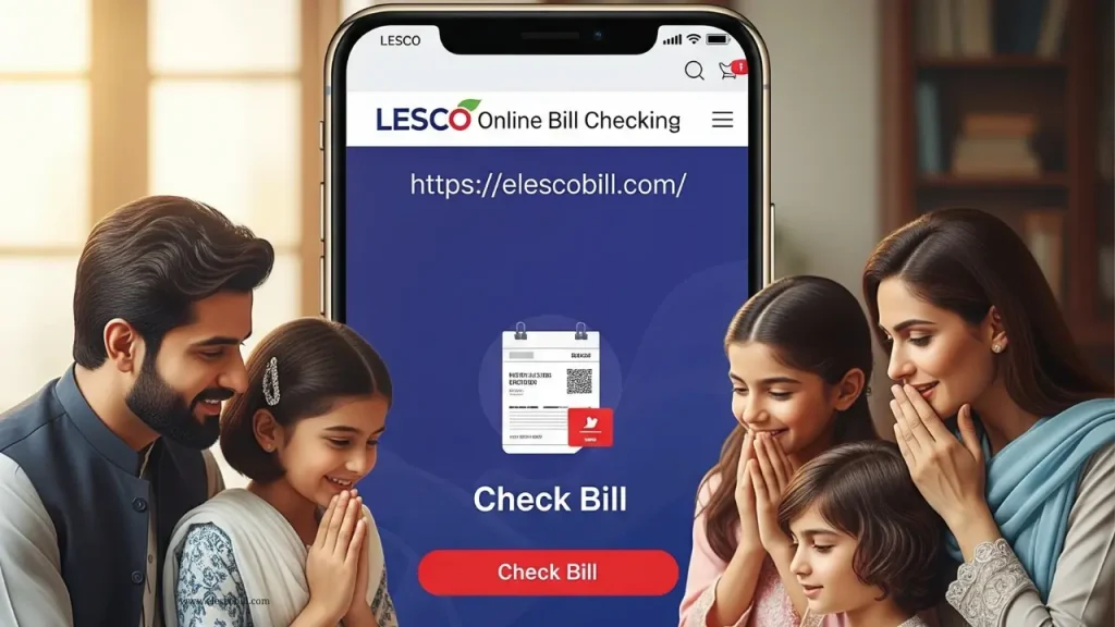 Smartphone screen showing LESCO online bill checking website.
