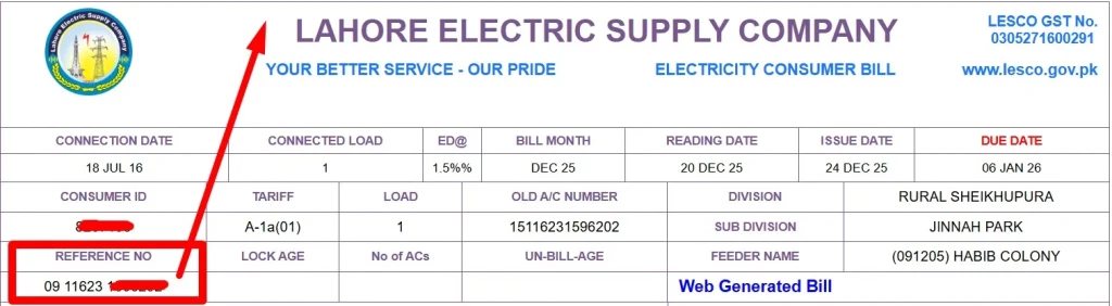 lesco bill screenshot reference number highlighted on lesco electricity bill